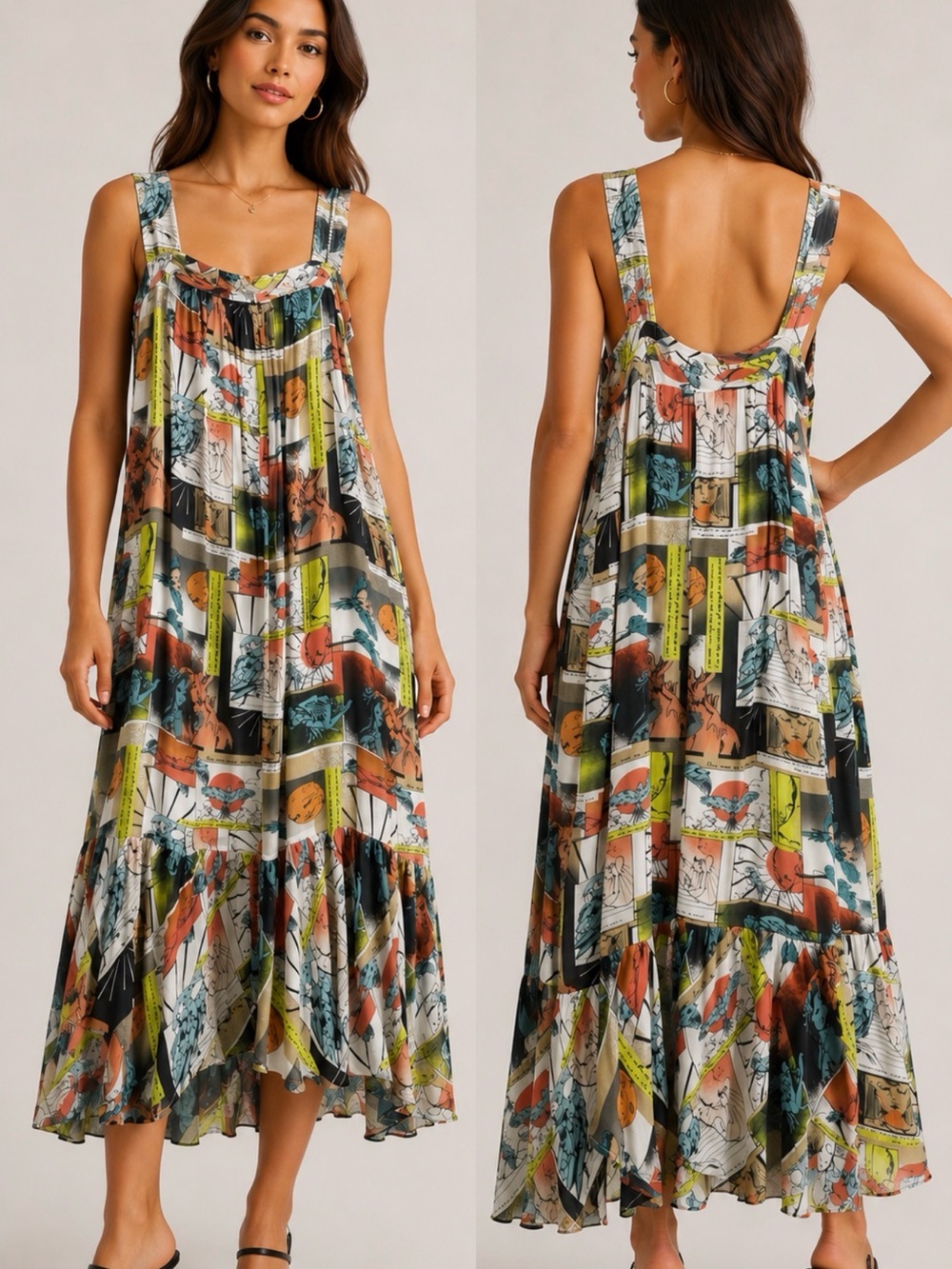Animale Brazil Comic Print Cartoon Chiffon Maxi‎ Dress In White Size 36 XS